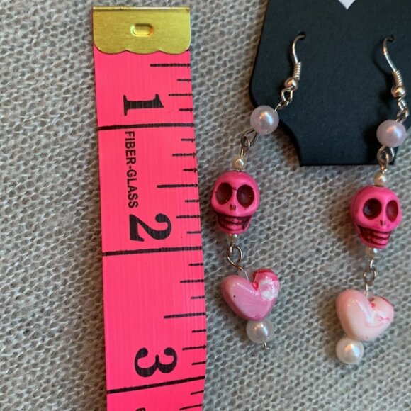 💖 Handmade Pink Skull & Heart & Pearls Bracelet and Earrings Set - Picture 11 of 11